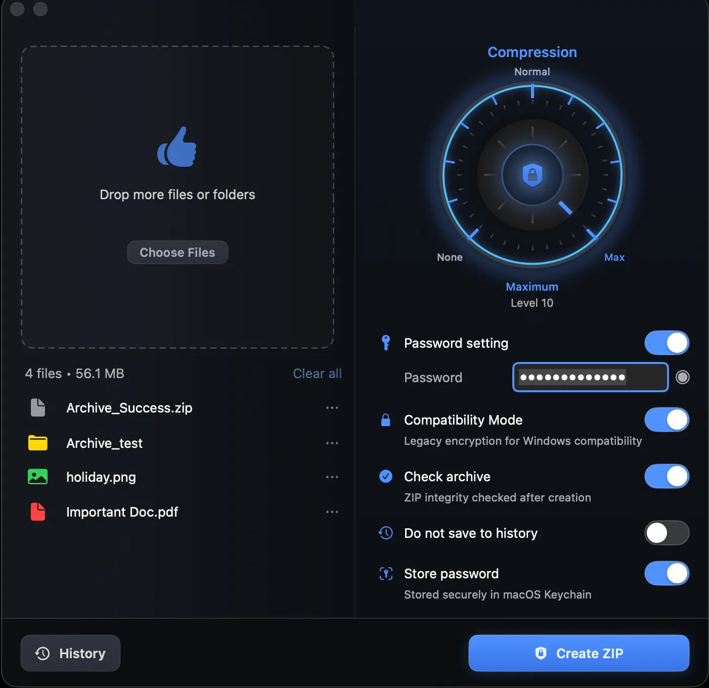 ZipVault main screen showing drag-and-drop, compression dial, and password settings