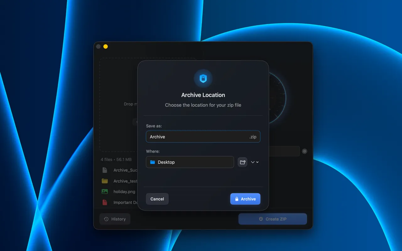 ZipVault archive location dialog with save-as field and folder picker