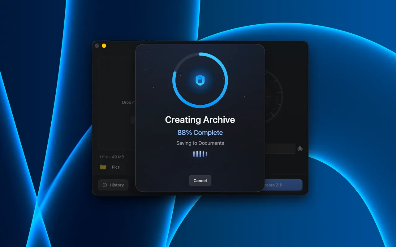 ZipVault creating archive with progress indicator at 88%