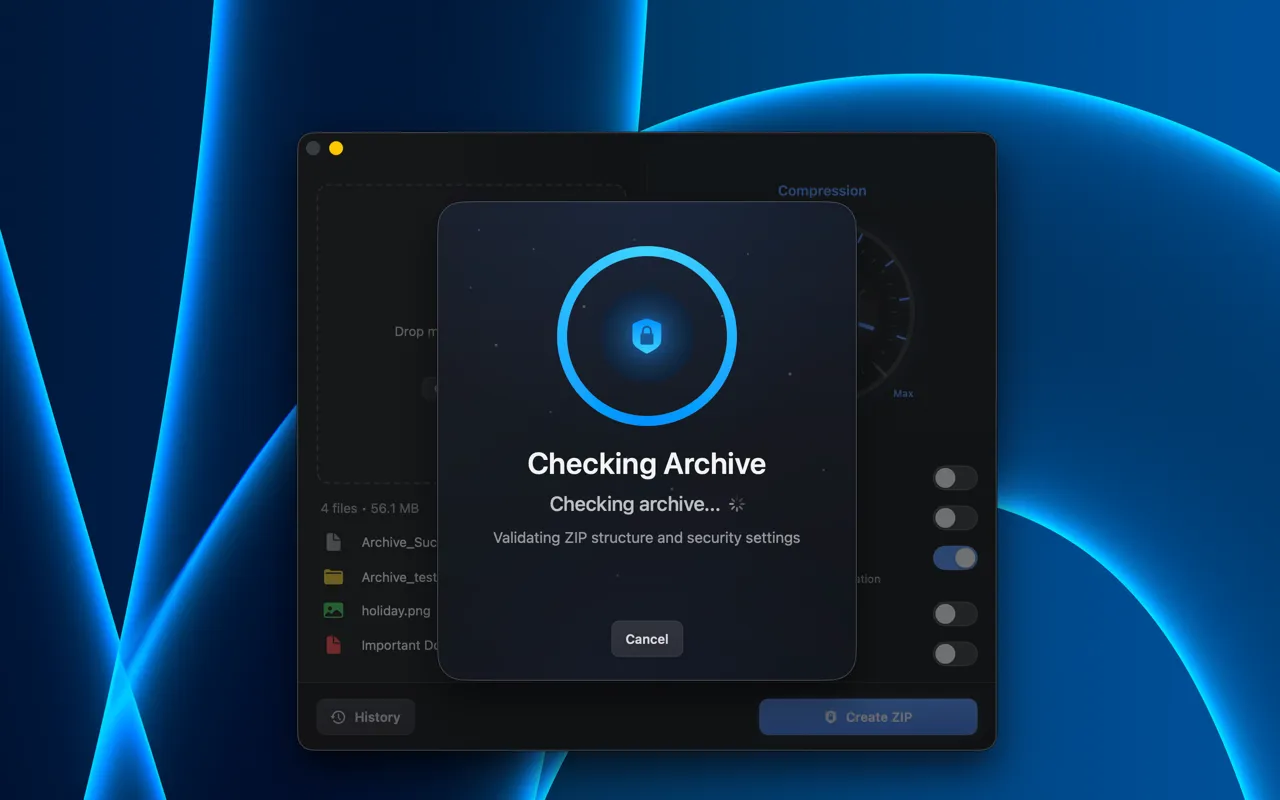 ZipVault checking archive, validating ZIP structure and security settings