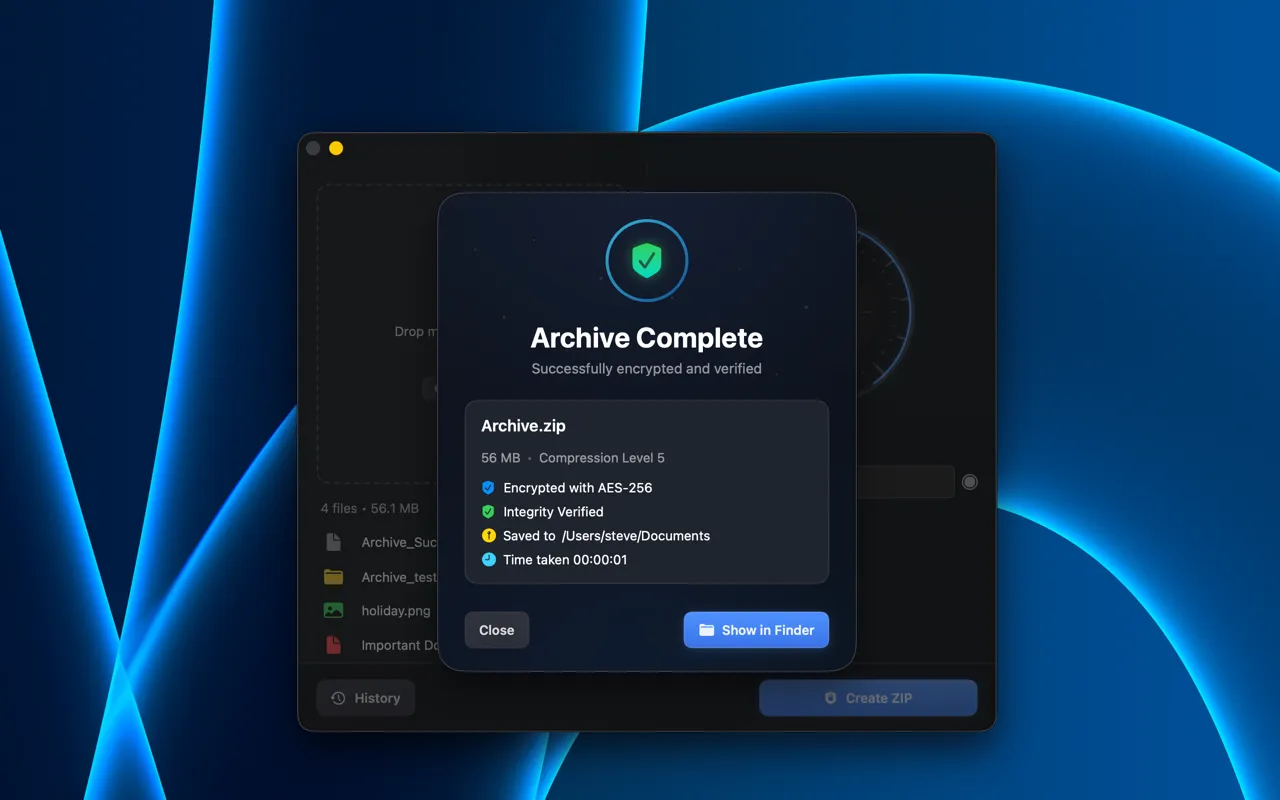 ZipVault archive complete screen showing encryption with AES-256, integrity verified