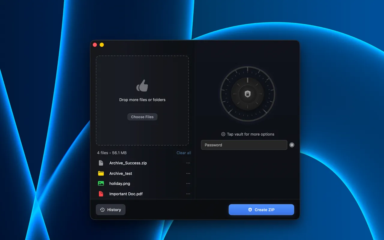 ZipVault showing files added to the drop zone with compression dial and settings