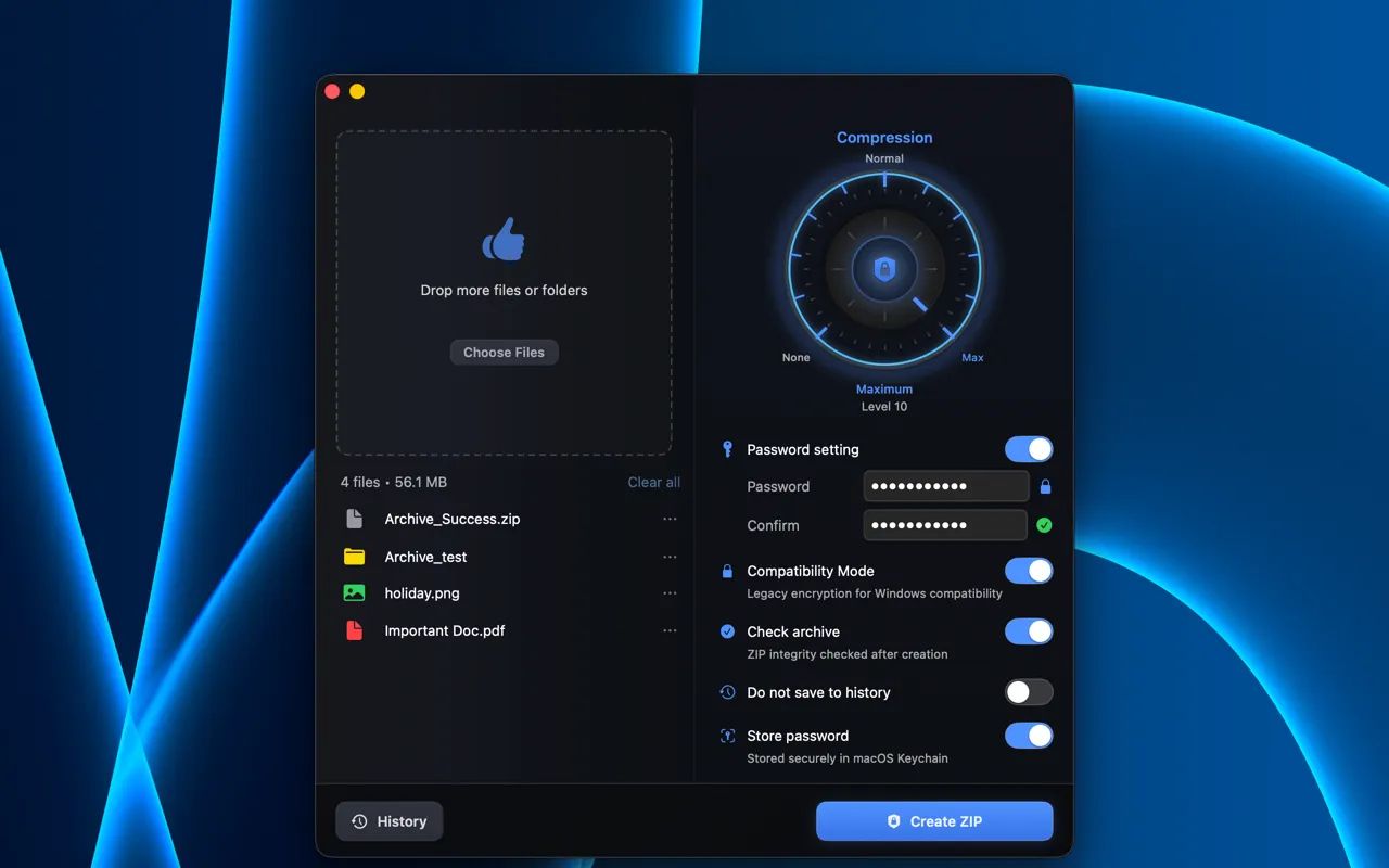 ZipVault settings panel showing all options including Compatibility Mode toggle