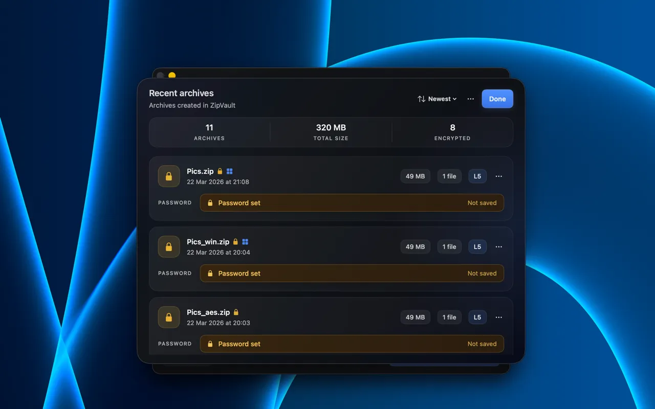 ZipVault history view showing recent archives with password indicators