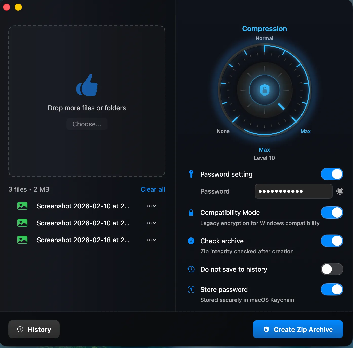 ZipVault main screen showing drag-and-drop, compression dial, and password settings
